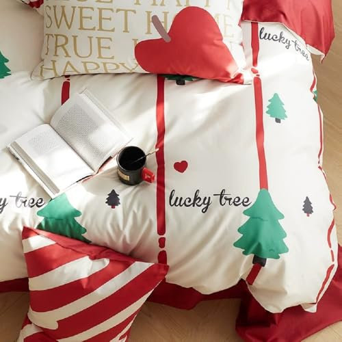 Lanqinglv Weihnachten Bettwäsche 200x220 Mädchen Kinder Rot Weiß Weihnachtsbaum Muster Babybettwäsche Kinderbettwäsche Bettbezug und 2 Kissenbezug 80x80cm mit Reißverschluss