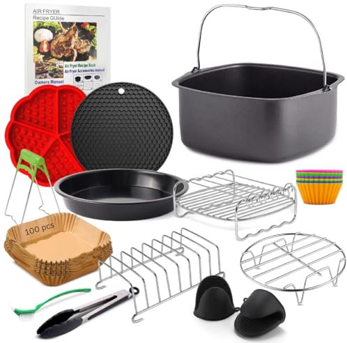 FryChef Heißluftfritteuse Zubehör, Airfryer Zubehör, 18 Teile, mit Backform, 100 x Backpapier, Ölsprüher u.v.m. Passend für COSORI 5,5L, Philips 7,3L, Cecotec 5,5 L. Quadratische Geräte ab 23 cm