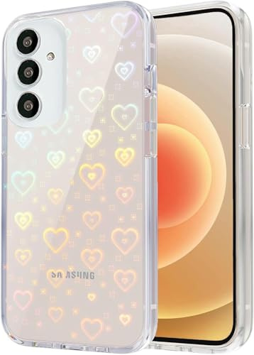 Riccase for Samsung Galaxy A55 5G Case, Clear Cute Glitter Holographic Heart Phone Case for Girls Women, Anti-Yellow Protective Hard PC Cover Soft Silicone Frame for Samsung A55 5G, Rainbow Heart