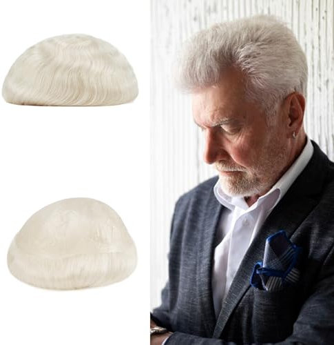 Lordhair Echthaar Toupet Männer, Haarteil Herren, 0.06 mm Alle V-Looped Superdünne Hautbasis, Weich und Bequem, 20x25cm, Reines Weiß 60#