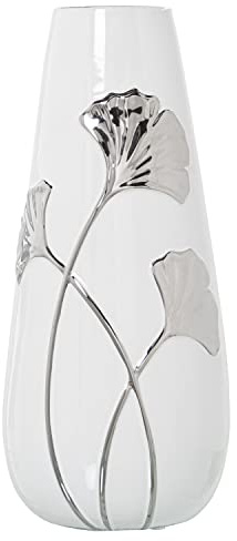 JARRÓN CERÁMICA BLANCO/FLOR PLATA °16X35CM