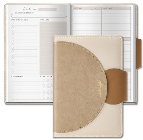 BIROYAL Undatierter Wochenplaner A5, 52 Wochen, 2 Seiten pro Woche, Braun | 120g Premium Papier Kein Durchschreiben, Ringbuch wöchentlicher Terminplaner mit To Do Liste, Habit Tracker für Büro Schule