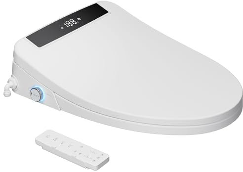 Hawkrown Electric Smart Bidet Toilet Seat Elongated, Upgraded Heated Bidet with Adjustable Instant Warm Water and Warm Dryer, Remote Control, Night Light, Slow Close Lid, LED Display