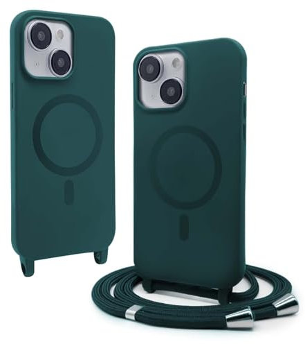 BGHHEU Magnetic Cover for iPhone 13 Mini with Lanyard, [Compatible with Magsafe],Silicone Case with Adjustable Slim Necklace Soft Case, Dark Green
