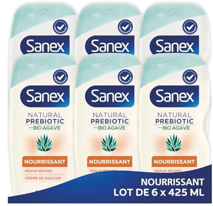 SANEX - Gel Douche Bio Agave Nourrissant - Prébiotique Naturel Issu De l’Agave Bio - Nourrit La Peau - Hydratation 12h - 92% d’Origine Naturelle* - Lot de 6 x 425ml