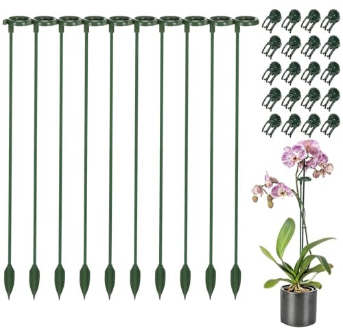 Nogeqi 10 Pack Plant Support Stakes,Orchid Stakes and Clips,10.6 Inch Plant Holder Stick for Garden,Plant Supports for Rose Tomato Outdoor Indoor Plants