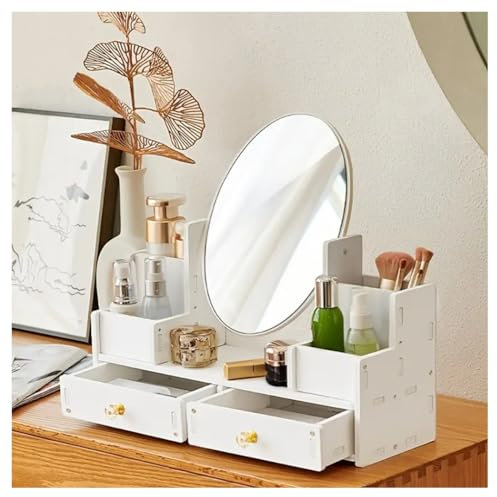 Generico Specchio Trucco con Organizer e Cassetti,Elegante Design in Legno,Scaffale Organizzatore Porta Trucchi/cosmetici/gioielli,Organizer da Tavolo Bianco,Per Toeletta/Camera da Letto/Bagno