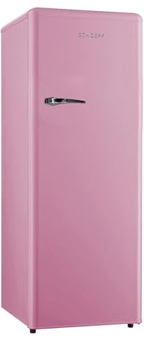 SCHOEPF – RKS245P Vollraum-Kühlschrank 145,6 cm – Retro Design – 238 L – LED-Beleuchtung – Höhenverst. Füße – 40 dB – Pink – Freistehend – Vintage Look - Getränkekühlschrank, Standardkühlschrank
