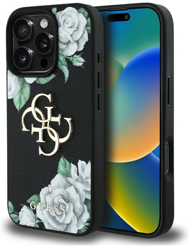 CG MOBILE Guess Grained Roses Big 4G-Logo für iPhone 16 Pro Max (Schwarz)