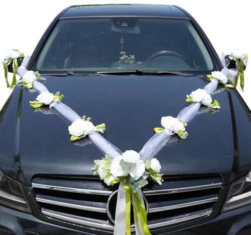 Weiße Organza Auto Schmuck, Hochzeitsdeko Auto,Autoschmuck Hochzeit mit 13 Seidenblumen 5m Tülle,Hochzeitsschmuck Autoschmuck Braut Paar Rose Deko,Hochzeit Blumenschmuck,Auto Blumenschmuck Girlande