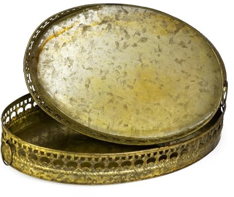 2er Set Deko Tabletts oval Antik-Gold aus Metall Ø 35/32 cm Vintage Look Dekotablett Serviertablett Schale mit Griffen Shabby Chic für Küche Esstisch Wohnzimmer