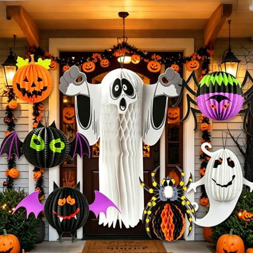 Forbabe 7 Stück Halloween Papier Laternen Dekoration, Halloween Laterne Wabenbälle Faltbar Lampenschirm Hängedeko mit Kürbis/Fledermaus/Geist/Spinnen Muster für Sankt Martin Party/Geisterhaus Deko