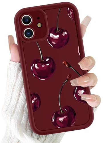 Coalbooliy Handyhülle für iPhone 11 hülle 6,1”, Aesthetic Sommer Kirsche Muster Design Weinrot Matte Cute Mädchen Frauen Schutzhülle Silikon Dünn TPU Case Stoßfest Kameraschutz Bumper Cover, 02