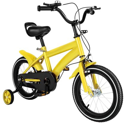 TESUGN 14 Zoll Kinderfahrrad mit Stützräder, Jungen Mädchen Fahrrad mit Abnehmbare Stützrädern, Höhenverstellbares gelbes Kinderfahrrad Geschenke