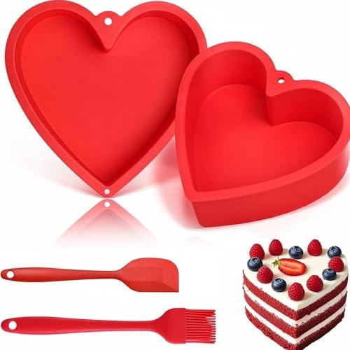 LPVVPEZ Heart Shaped Cake Tin, Set of 2 Silicone 8 Inch Cake Tins for Baking, Nonstick & Reusable Heart Cake Moulds with Brush and Scraper, BPA Free Baking Pans for Muffins, Cakes, Pudding, Bread