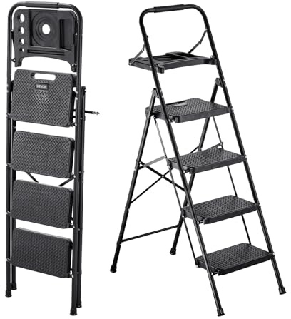VEVOR 4 Step Ladder, Folding Step Stool with Wide Anti-Slip Pedal, Tool Tray, Comfort Handgrip, 600 lbs Capacity Portable Steel Ladder, Multi-Use for Kitchen, Home, Household and Office, Black