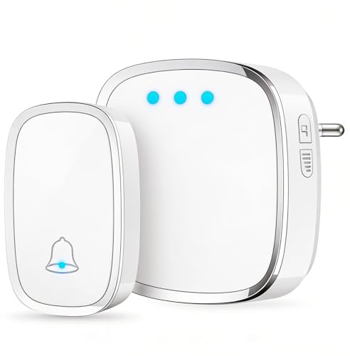 Nydunce Campanello Senza Fili da Esterno Impermeabile IP44-1 Trasmettitore + 1 Ricevitore, Portata 300M, 36 Suonerie, 5 Livelli Volume, LED Blù per Casa, Ufficio