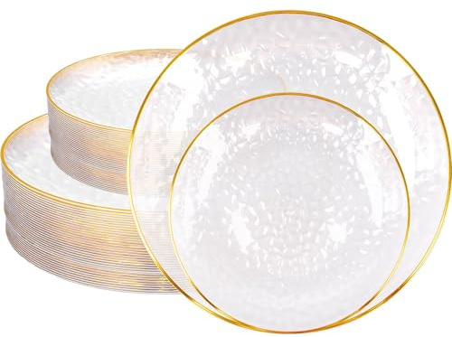 100 Pcs Hammered Plastic Plates Reusable with Gold Rim for Dinner & Dessert | 2 Sizes - 10 Inch & 7 Inch; Heavy-Duty BPA-Free Plastic; Elegant Hammered Texture; Ideal for Weddings, Birthdays, Parties