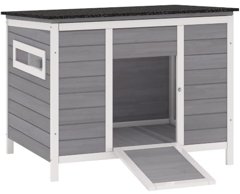 PawHut Entenstall Wetterfest aus Holz für 2-3 Enten Hühner Grau 93x70x72cm | Entenhaus, Herausnehmbarer Boden, Schiebefenster, Aufklappbares Asphaltdach, Erhöhter Gänsestall, Rampe, Geflügelstall