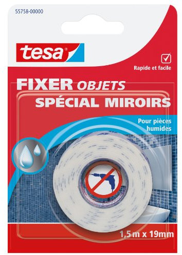 tesa Fixer Objets Special Miroirs - Pour pièces Humides - Ruban Adhésif pour Fixer les Miroirs sans Vis - Résistant et Idéal dans les Salles de Bains et les Douches - 1,5 m x 1,9 cm
