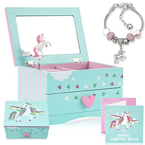 Amitié Lane Einhorn-Schmuckkästchen mit Spieluhr für Mädchen – Einhorn-Geschenke für Mädchen, Spieluhr für 5 Jahre alte Geburtstagsgeschenke oder Alter 6, 7, 8, Kinder-Schmuckschatulle