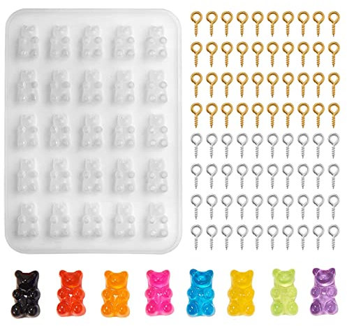 UR URLIFEHALL 1 Pcs Gummy Bear Charms Résine Silicone Moule avec 200 Pcs Vis Eye Pins pour DIY Chocolat Bonbons Décoration Fabrication de Bijoux