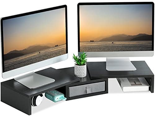TEAMIX Dual-Monitor-Ständer mit Schublade – Länge und Winkel verstellbar, Doppel-Monitorerhöhung, Eck-Schreibtisch-Regal, Organizer, 94 cm lang, Monitorerhöhung für 2 Monitore/Laptop/PC/Bildschirm/TV