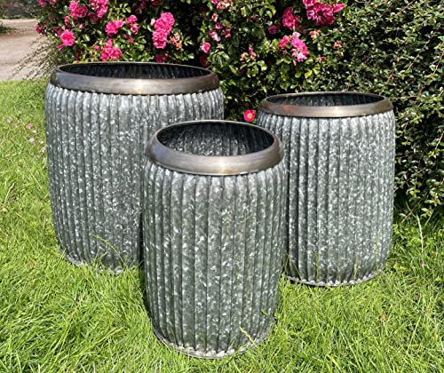 Lot de 3 pots de fleurs vintage en acier galvanisé | Jardinière en zinc