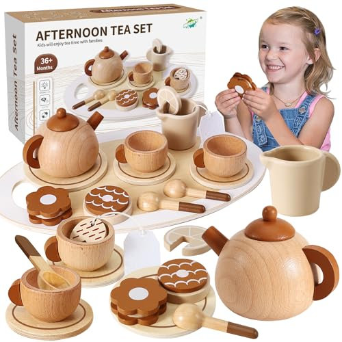 HERSITY Wooden Afternoon Tea Set Toys for 3+ Year Old Girls Boys, Kids Tea Party Set Pretend Play Food Dessert Teapot Toddler with Tray, Kitchen Accessories Gifts age 4 5 6