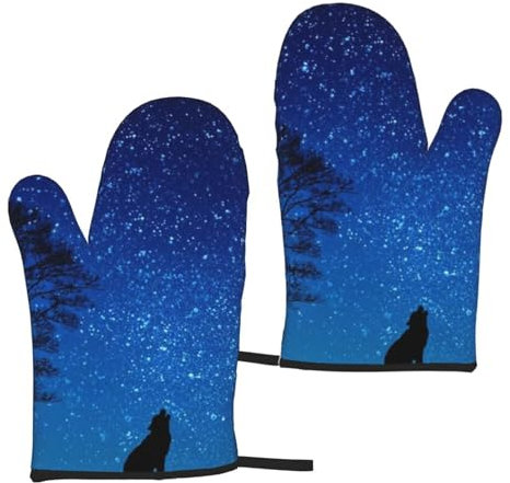 Wolf im Mondschein Ofenhandschuhe, hitzebeständig, gestepptes Baumwollfutter, hitzebeständige Topflappen-Handschuhe zum Grillen, Backen, Grillen, Ofenhandschuhe, 2 Stück