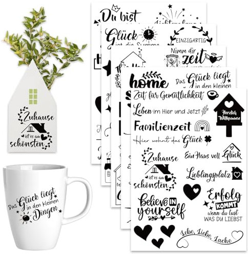 Rub On Sticker - 5 Bogen Sprüche HAPPY HOME - Rub On Folie Transferaufkleber zum Basteln und Dekorieren für Raysin Keraflott Möbel Glas Holz