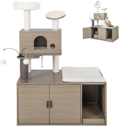 Maxmass Cat Tree, Wooden Kitten Tower with Litter Box Enclosure, Condo, Perch, Scratching Board, Platform & Dangling Balls, Kitty Scratching Post for Climbing Playing Sleeping (1 Condos, 95x55x132cm)