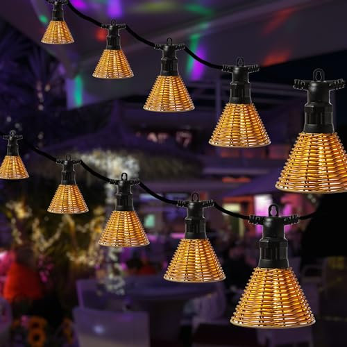 LED Lichterkette AMELIE 10 beleuchtete Lampenschirme Boho Still in Rattan Korboptik L: 4,5m koppelbar bis 40 LED für Außen Garten Balkon
