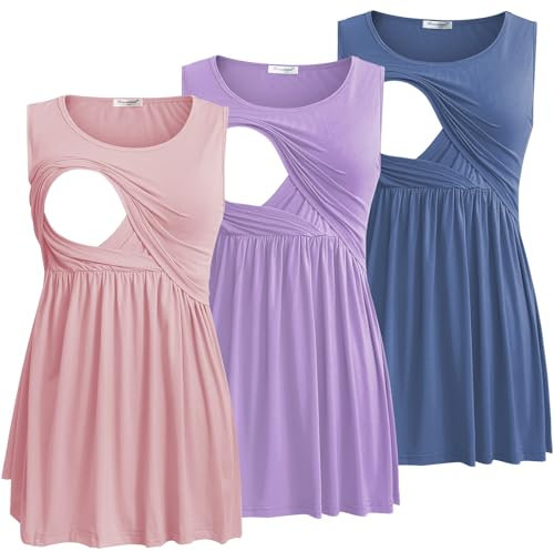 Bearsland Canottiera Premaman da Donna per Allattamento Senza Maniche Girocollo Morbida Camicia per Allattamento, Blu foschia & Viola Chiaro & Rosa, S