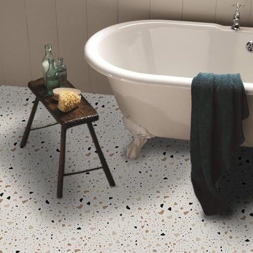Alwayspon 10Pcs Beige Ink Stone Waterproof Non-slip Floor Tiles Decal for Kitchen Bathroom Living Room, Vinyl Flooring Self-adhesive Peel and Stick Vinyl Sticker.