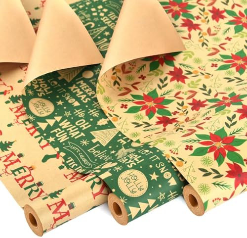 AhfuLife 3 Rollen Geschenkpapier Weihnachten Set, 43cm x 10m Weihnachtspapier Set, Nature Kraftpapier Weihnachtsgeschenkpapier für XMAS Geburtstag Verpackung (Weihnachtsbaum/Blätter/Frohe Weihnachten)