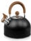 Whistling Kettle, 2.5L Stainless Steel Stove Top Teapot with Wood Grain Handle, Stovetop Camping Tea Pot for Kitchen Gas Stove Induction Hob (Black)