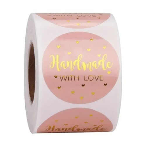 Handgemachte/Selbstgemachte Aufkleber mit Liebe, Handmade with love, 500 Stück auf einer Stickerrolle, runde Siegel, selbstklebend, Etiketten (rosa)