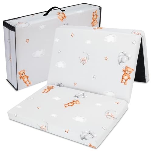 Klappmatratze Faltbare Reisebett Baby Matratze 60x120 cm - Faltmatratze für Kinder Gästematratze klappbar Babymatratze Bodenmatratze Schlafmatratze und Reisematratze Teddybären