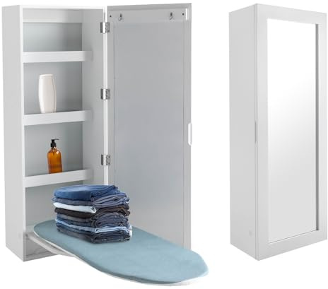 Ropoana Wall Mount Ironing Board Cabinet, Built-in Swivel Ironing Board Foldable with Storage, Wall Hanging with Mirror, Foldable Iron Storage Station for Home, Apartment, Checkrooms, White