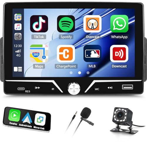 1 autoradio DIN Bluetooth con auto CarPlay e Android, autoradio singola DIN da 6,9 pollici, touch screen con BT USB EQ FM/RDS Mirror Link SWC Type-C 7 Color Backlight + telecamera posteriore e MIC