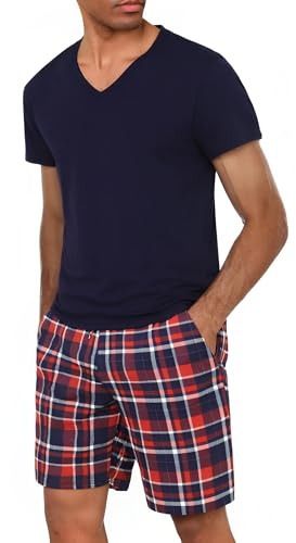 Bresdk Pyjama Homme Court en Coton 2 Pièces Haut Col V Short à Carreaux | Ensemble loungewear d'été doux en coton. Short à carreaux imprimé avec ceinture élastique, cordon et 2 poches