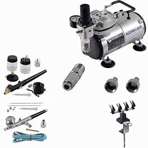 Agora-Tec® Airbrush Komplett-Set EXPERT III.1, inkl. Kompressor mit 4 bar & 20l/min + 2 Airbrushpistolen mit 0,2 & 0,3 & 0,5 & 0,8mm Nadeln/Düsen + 2 Schnellkupplungen + 4-fach Halter + 1 Schlauch + Adapter