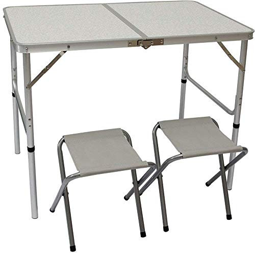 AMANKA Alu Campingtisch Set mit 2 Stühlen - 90x60cm Klapptisch - 2-Fach höhenverstellbarer Falttisch Grau