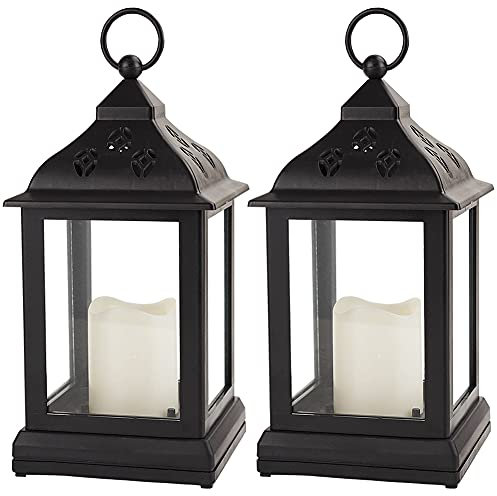 Bright Zeal 2-Pack 9.5 Vintage Decorative Candle Lantern with LED Flickering Flameless Candle (Black, 8hr Timer) - Indoor Hanging Lanterns Decorative Lanterns Battery Powered LED Candle Timer Candle