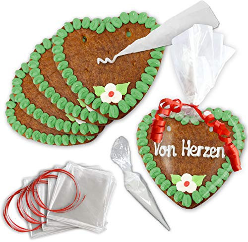 Lebkuchen Herzen mit Text selber Gestalten - Rohlinge - 10er Pack - 15cm - Randfarbe: Grün von LEBKUCHEN WELT