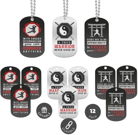 Martial Arts Motivations-Hundemarken-Halsketten – Großpackung mit 1 Dutzend Halsketten – Karate-Partygeschenke, Uniformbedarf für MMA, Judo, Taekwondo, Juijitsu, Aikido, Mixed Martial Arts