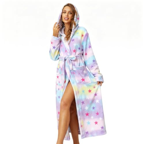 RONGTAI Langer Damen-Bademantel aus Plüsch-Fleece, dick, mit Kapuze, mit Taschen, flauschige Nachtwäsche für Herren
