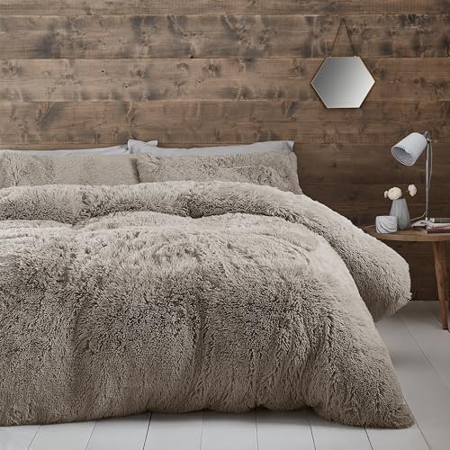 Catherine Lansfield Cuddly Deep Pile Faux Fur Single Duvet Cover Set with Pillowcase Natural