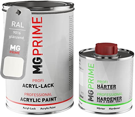 MG PRIME RAL 9016 Blanc signalisation/Traffic white brillant peinture acrylique 1,5 Litres / 1500 ml durcisseur inclus